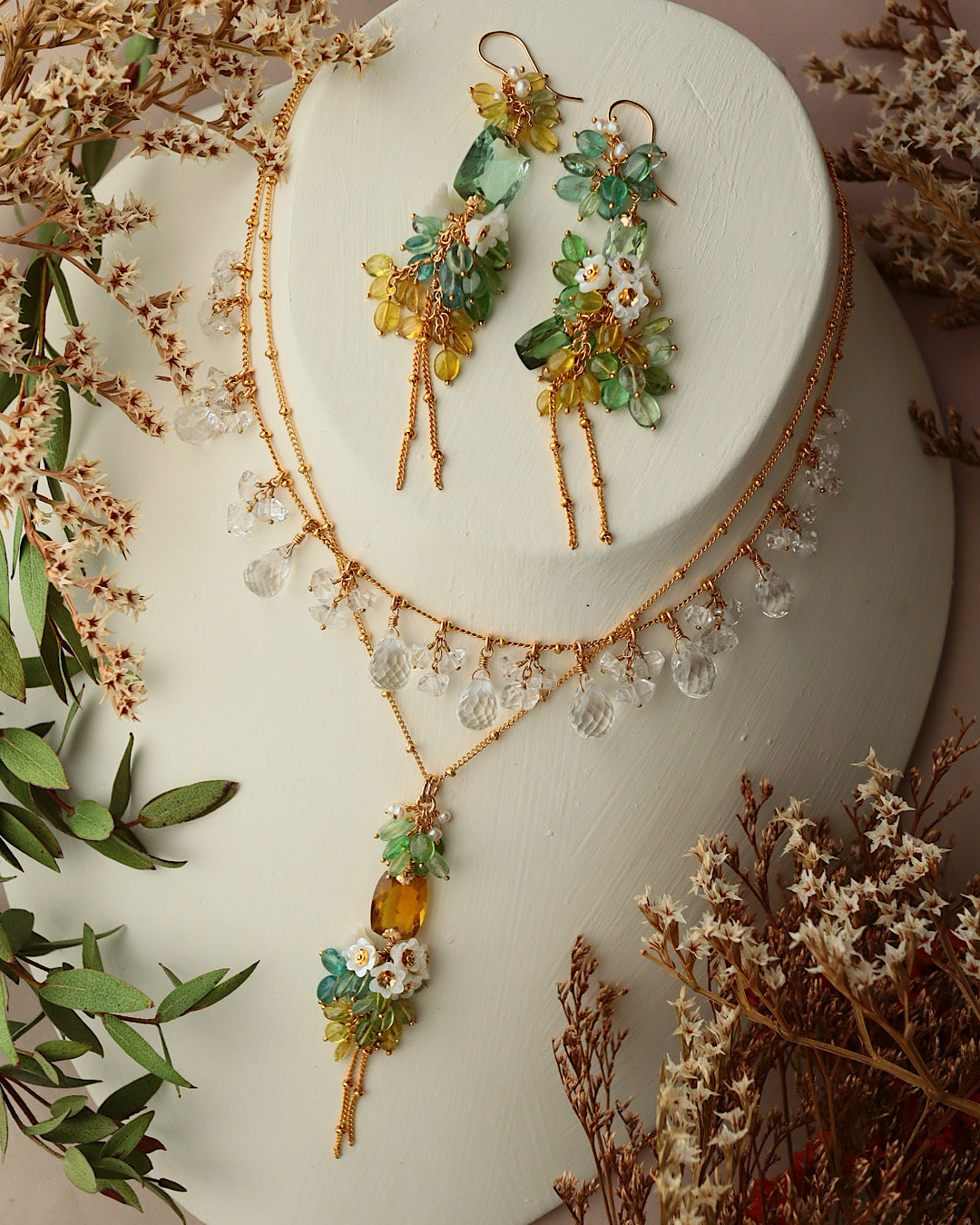 Yellow Tourmaline Rectangle Necklace with Multi-Color Tourmaline and Pearl Flower