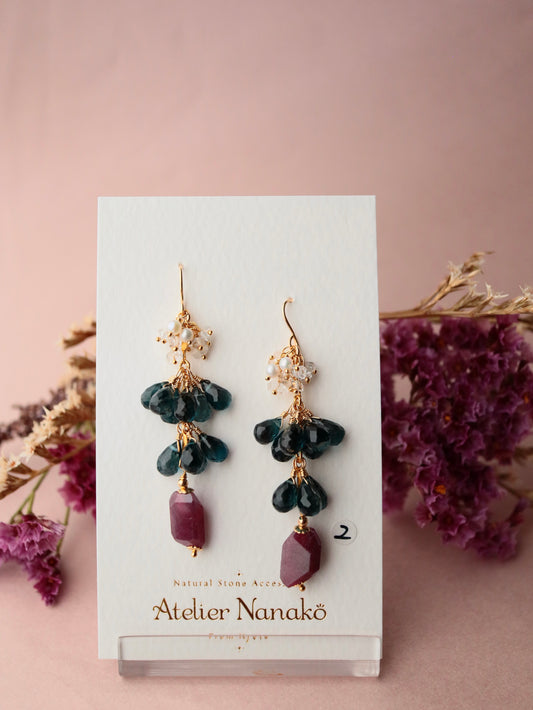 [Stories in Red] Ruby and London Blue Topaz Long Earrings②