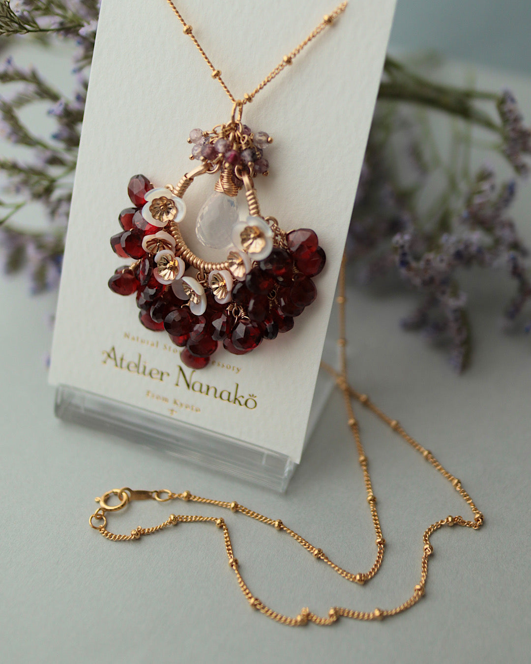 [One-of-a-kind] Garnet and Ice Quartz Chandelier Necklace