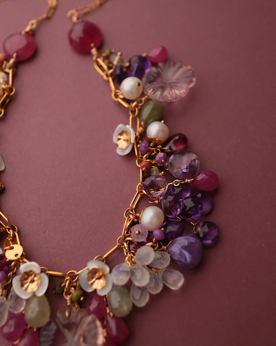 [One-of-a-kind] Pink sapphire and carved ametrine necklace