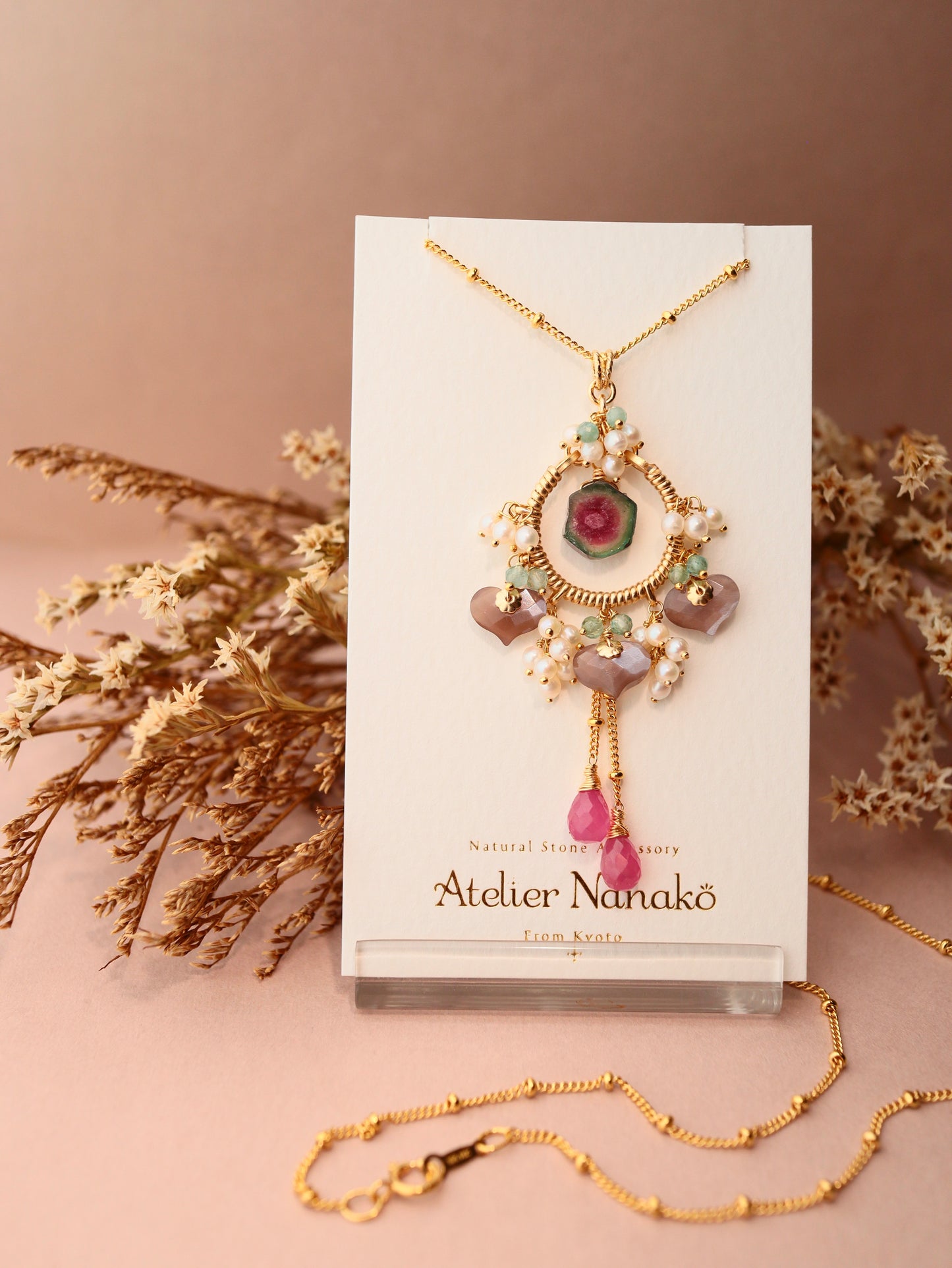 [One of a kind] Watermelon tourmaline and chocolate moonstone necklace
