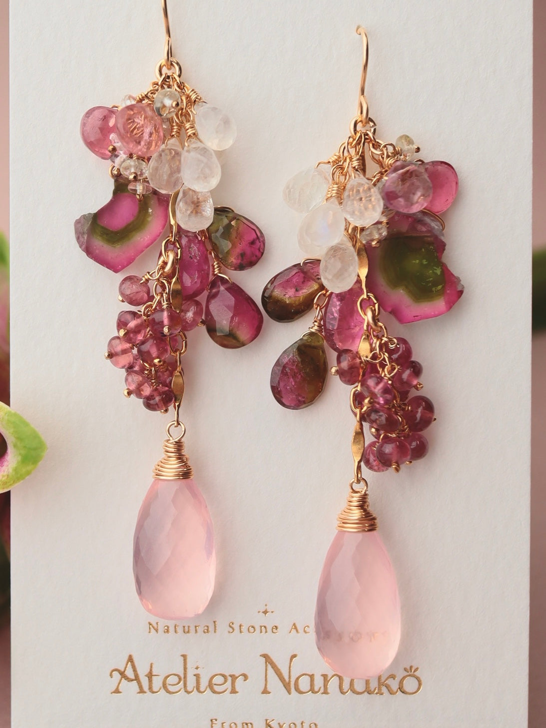 [One of a kind] Watermelon tourmaline and pink stone earrings