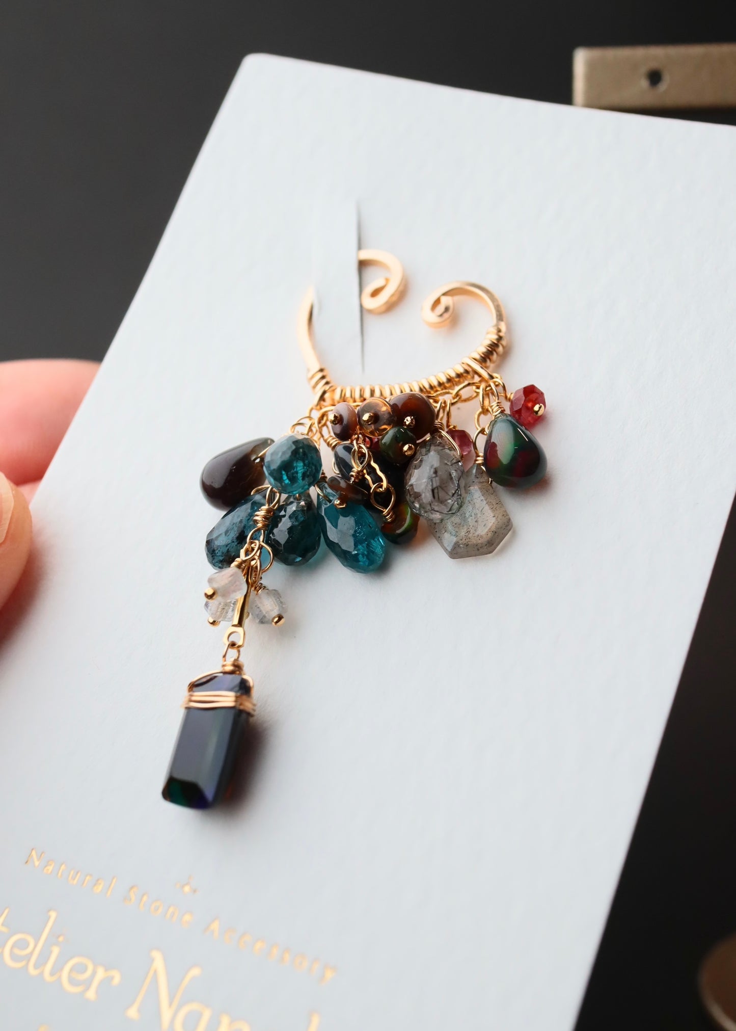[The Lady with the Black Eyepatch] Black opal and deep blue kyanite ear cuff