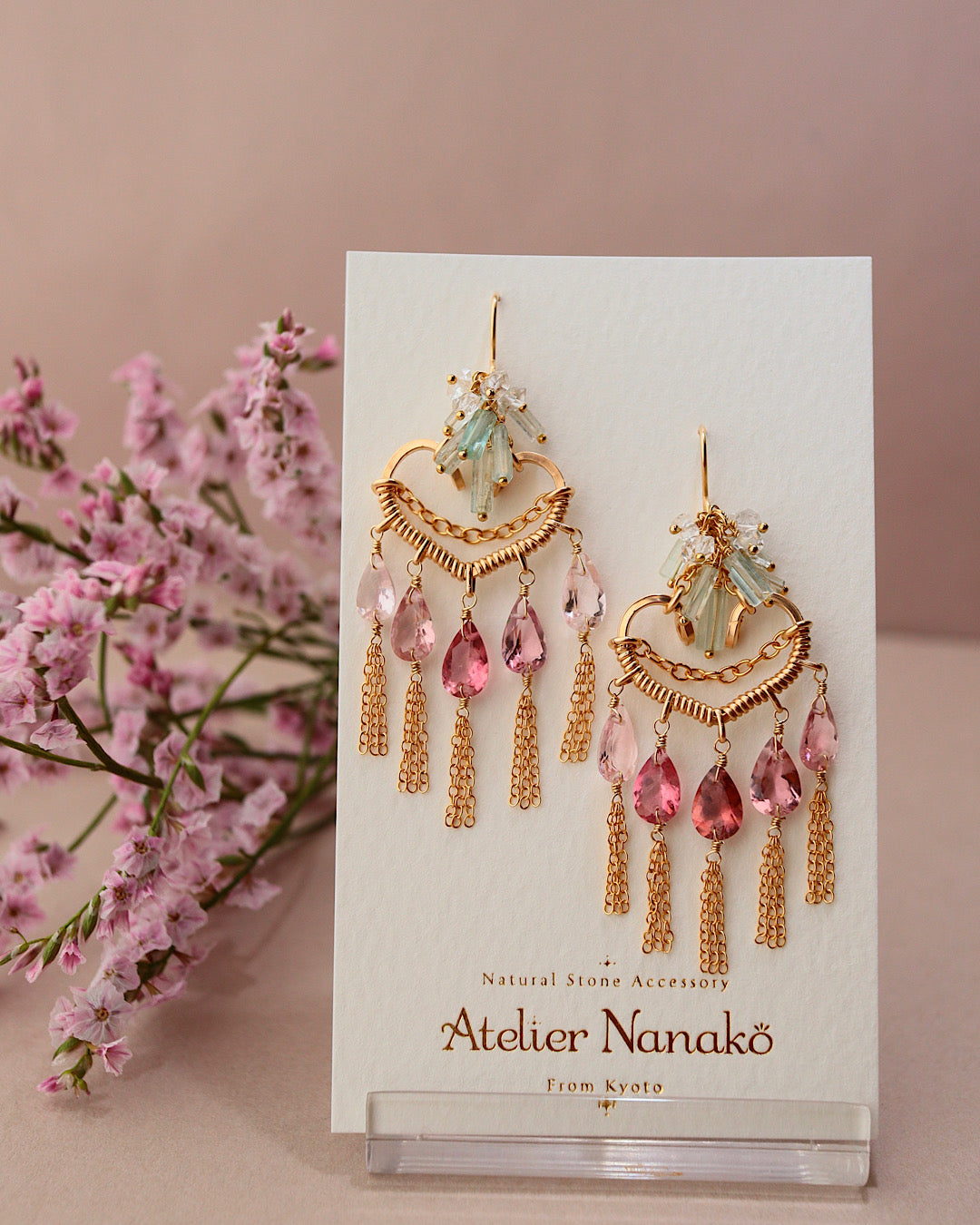 [One of a kind] Pink tourmaline heart chandelier earrings