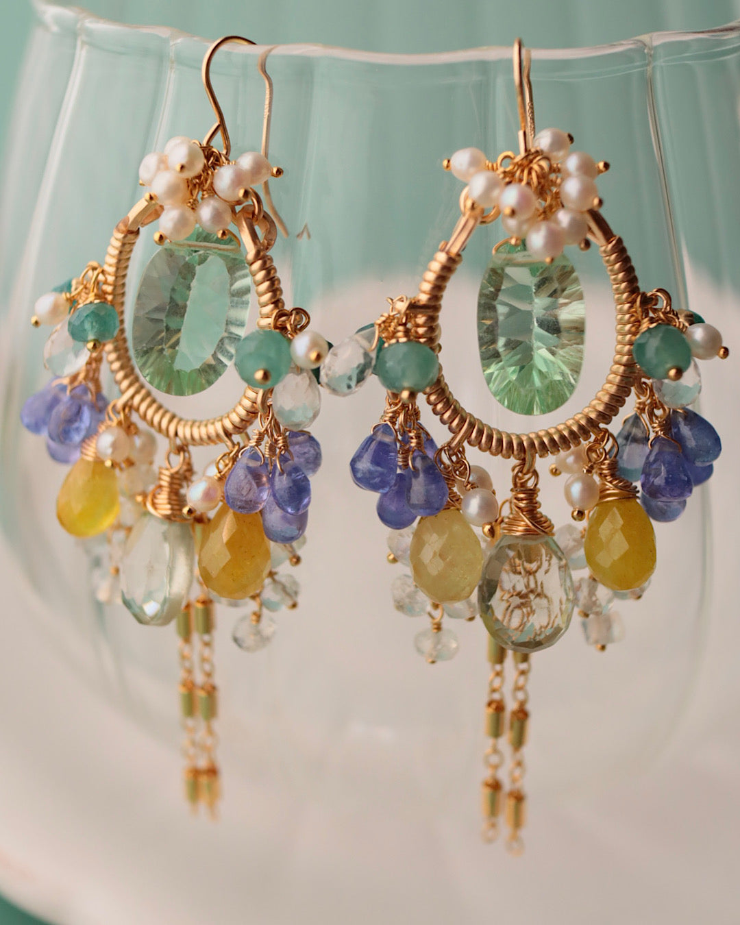 [One-of-a-kind] Fluorite Tassel Chandelier Earrings (Pierced/Clip-on)