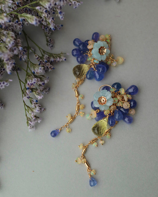 【Aqua Bloom】Aquamarine flower and tanzanite earrings