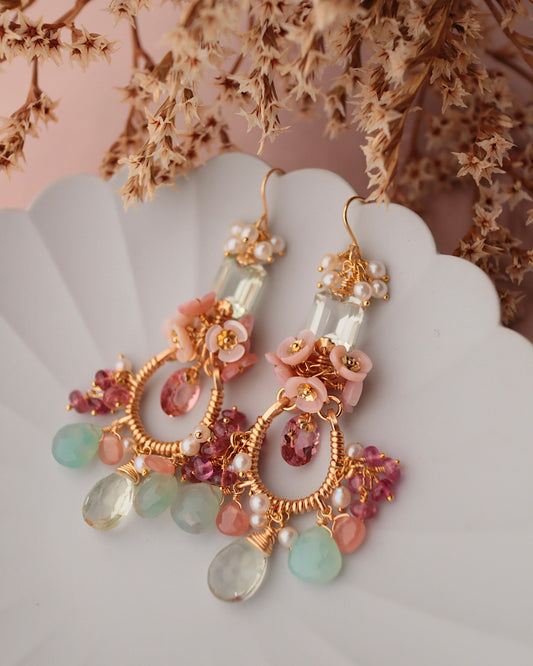 Pink tourmaline and green stone chandelier earrings