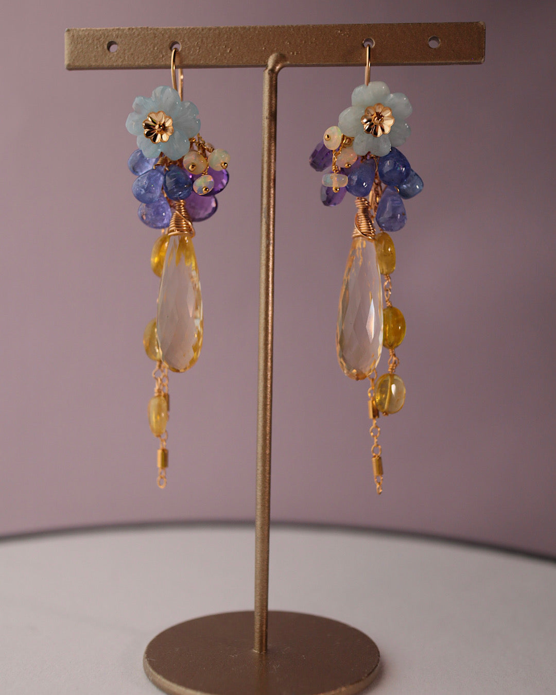 Citrine and Aquamarine Flower Earrings [One-of-a-kind]