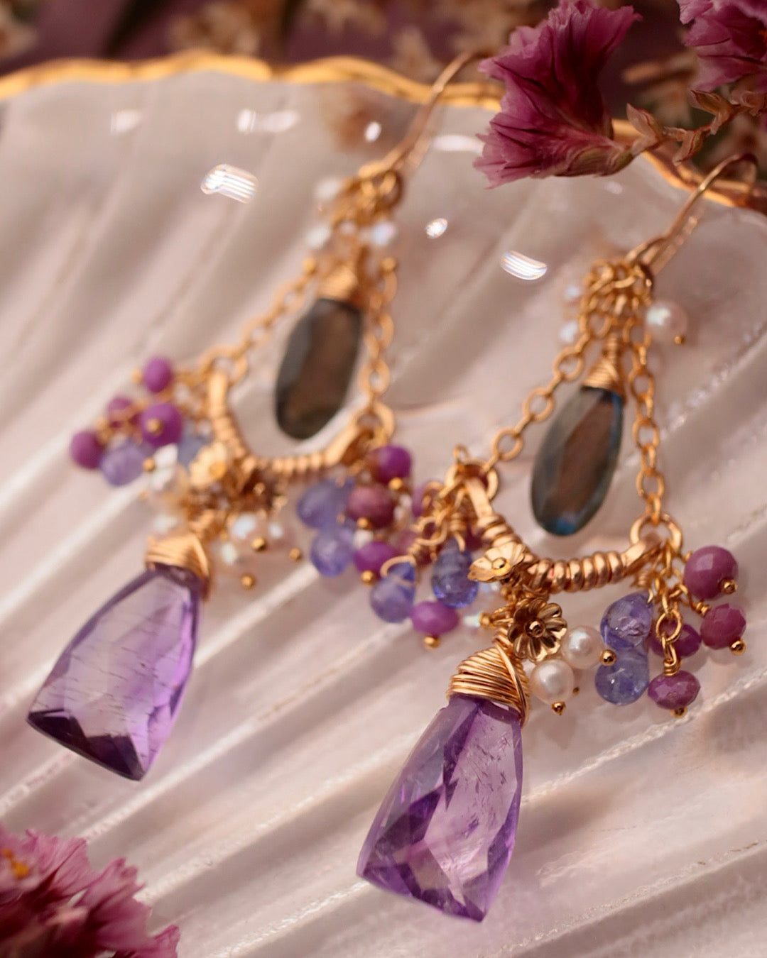 [One-of-a-kind] Moss Amethyst Triangle Chandelier Earrings