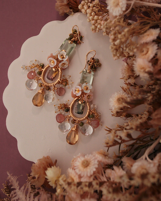 [One-of-a-kind] Bicolor Tourmaline and Champagne Quartz Chandelier Earrings