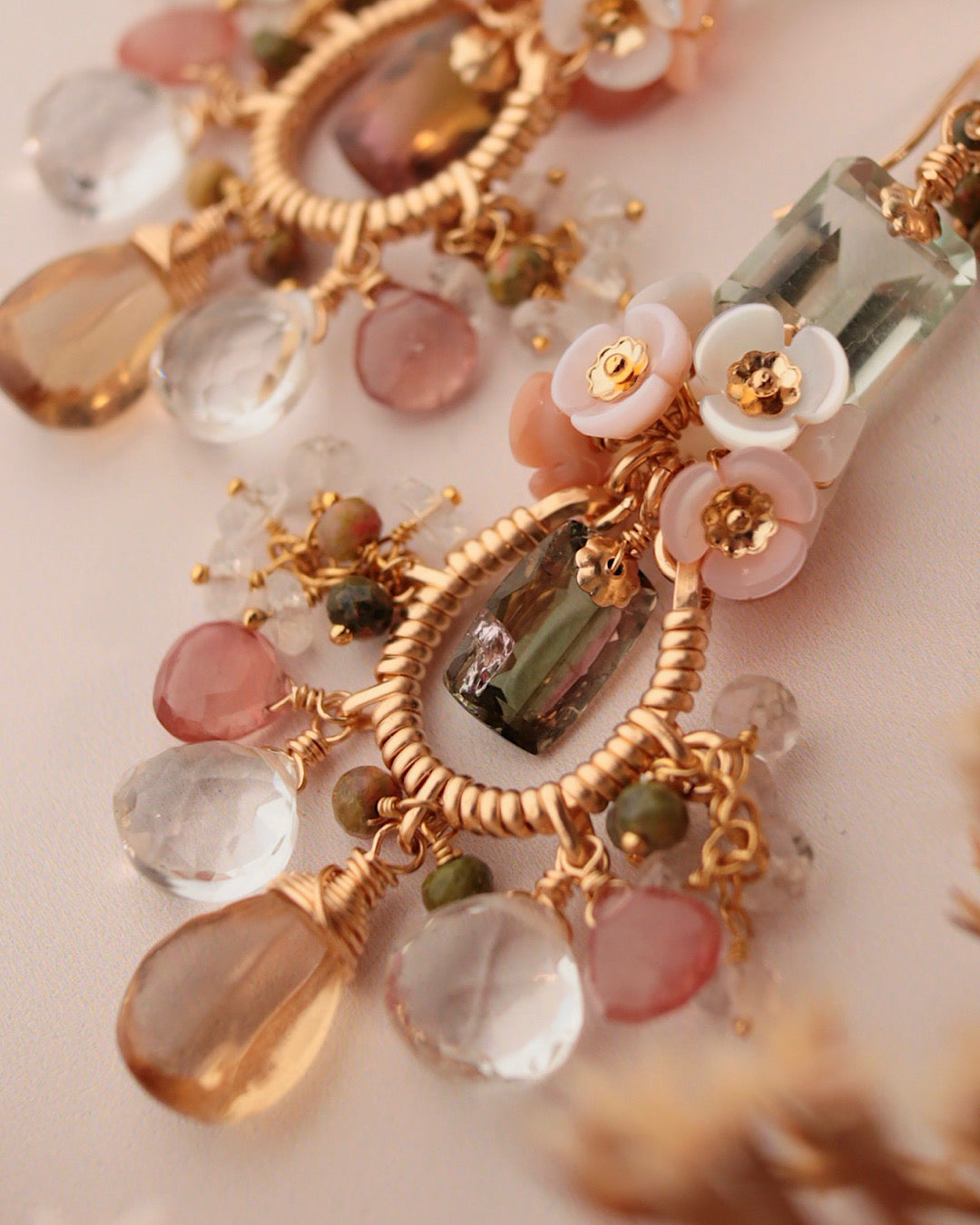 [One-of-a-kind] Bicolor Tourmaline and Champagne Quartz Chandelier Earrings
