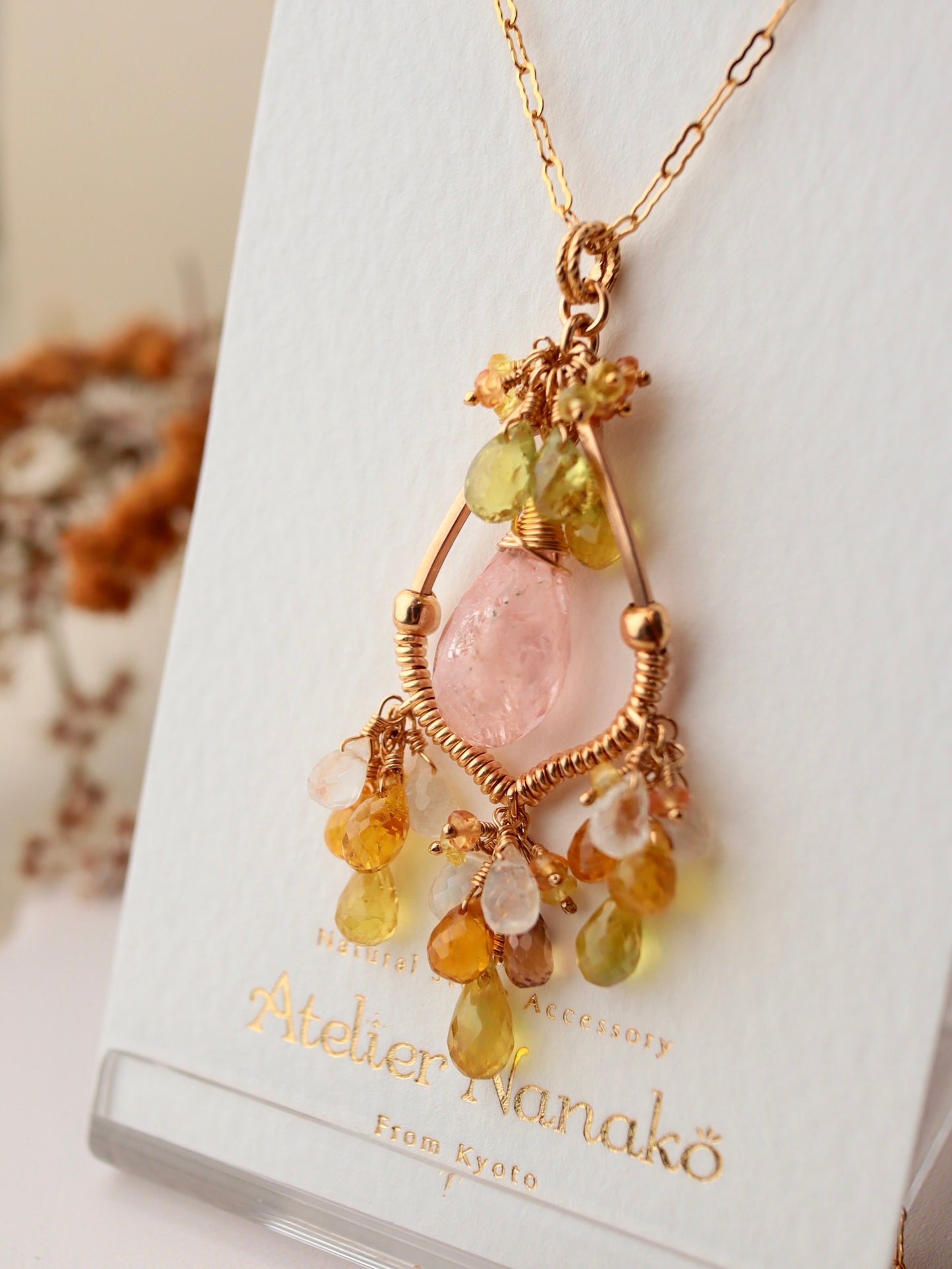 ①Morganite chandelier necklace