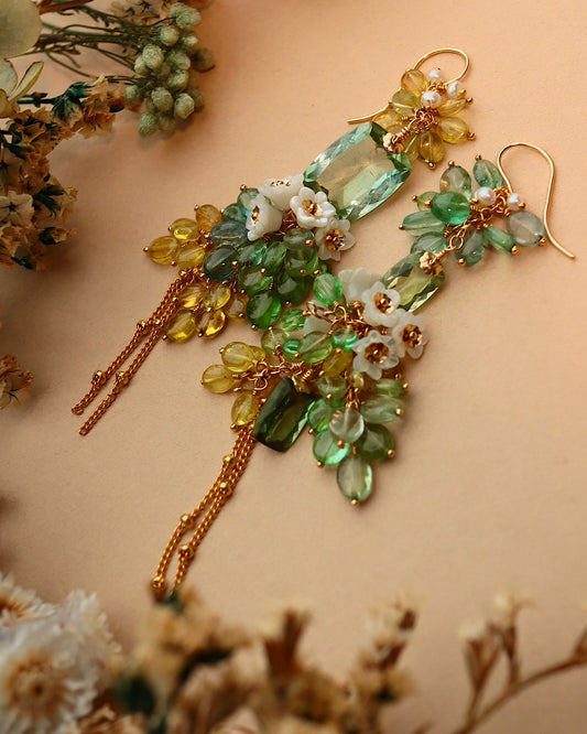 Green Tourmaline Asymmetrical Chandelier Earrings with Multi-Color Tourmaline and Pearl Flower