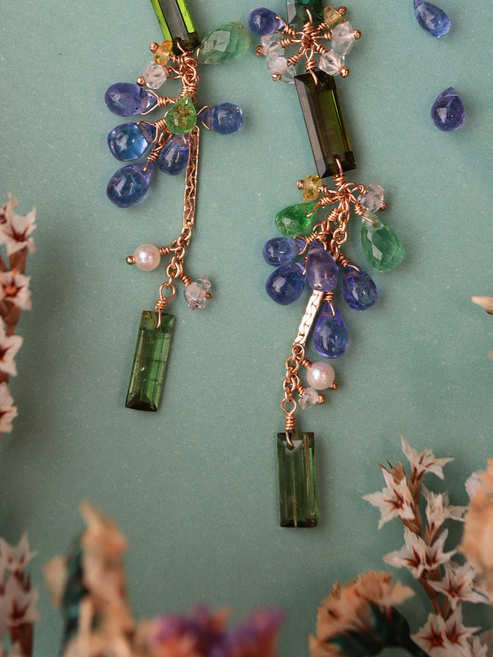 ②Green tourmaline and tanzanite earrings