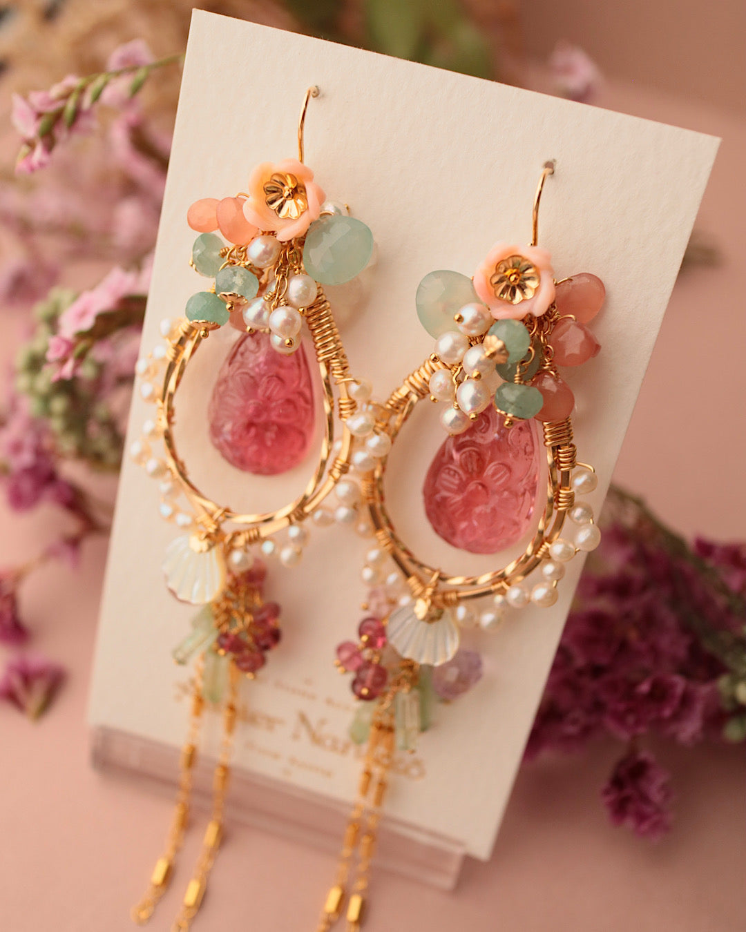 [One-of-a-kind] Flower carving tourmaline chandelier earrings