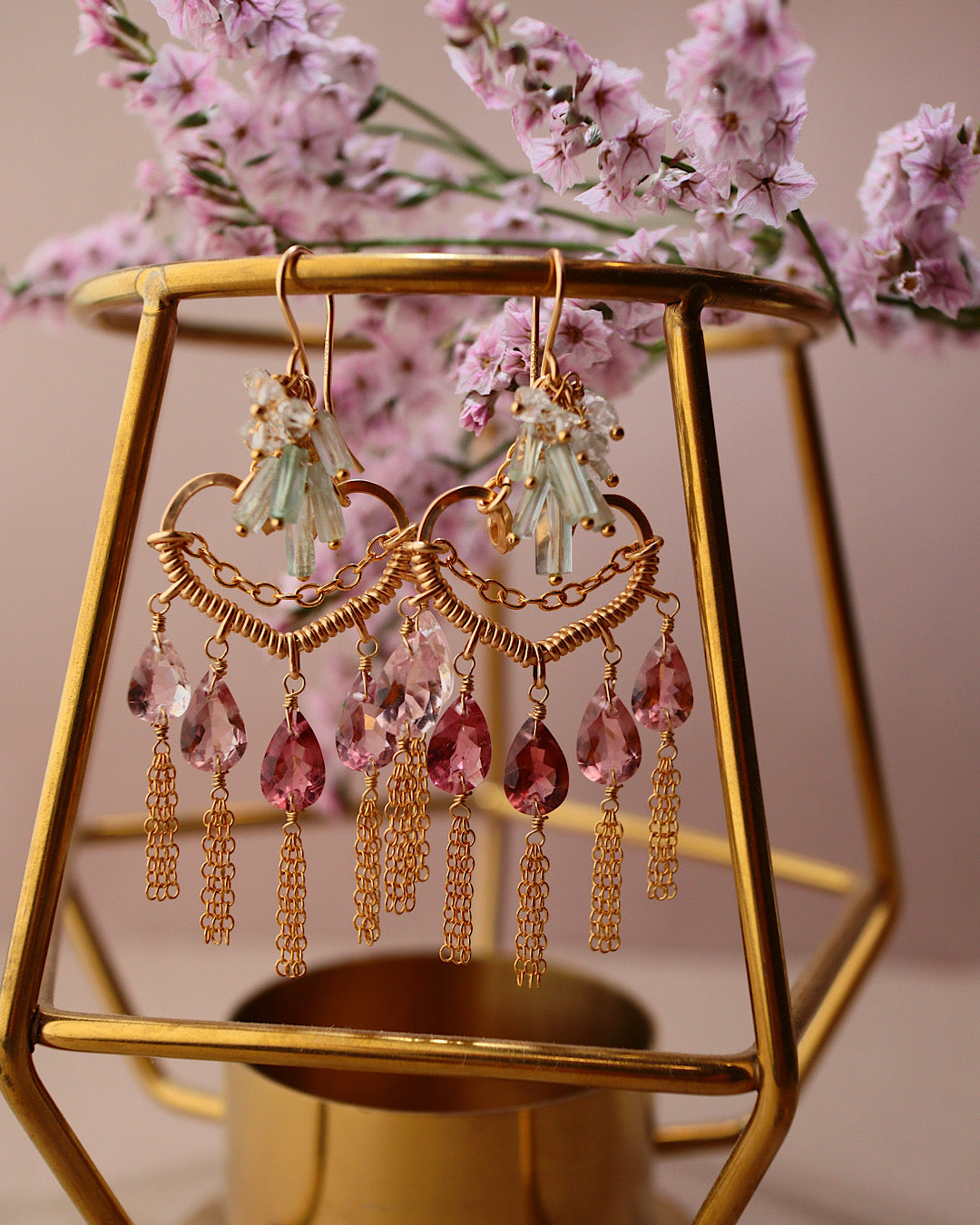 [One of a kind] Pink tourmaline heart chandelier earrings