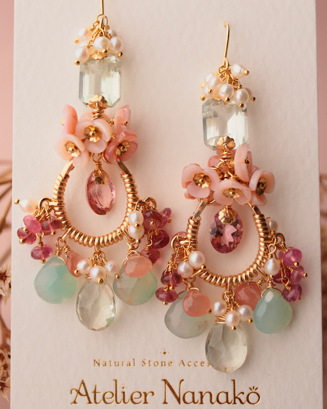Pink tourmaline and green stone chandelier earrings