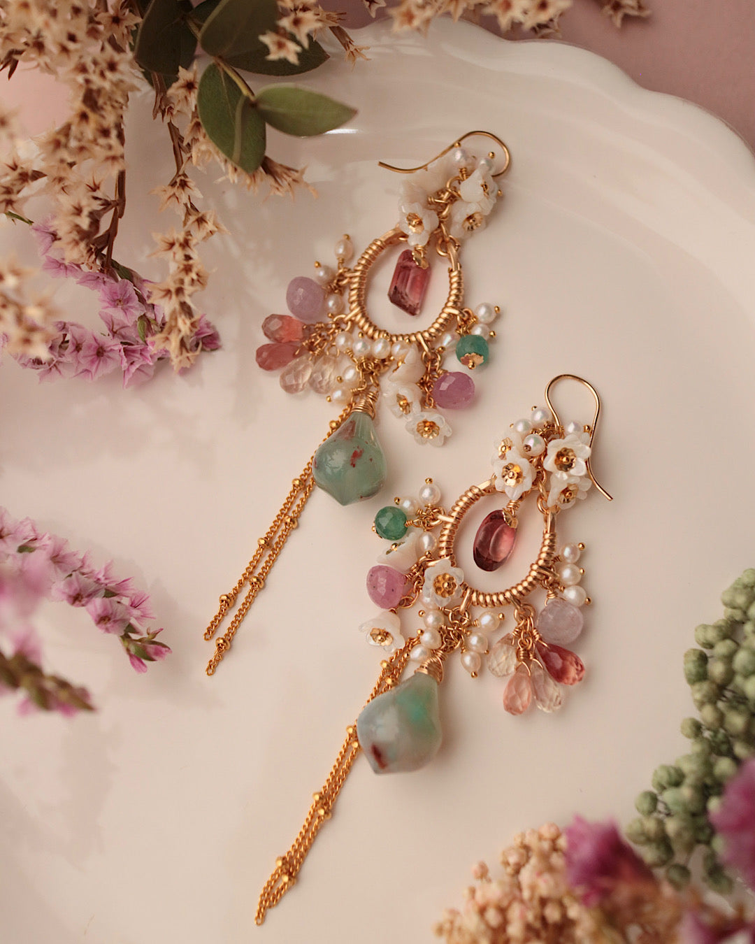 [One-of-a-kind] Tourmaline and Aquaprase Chandelier Earrings