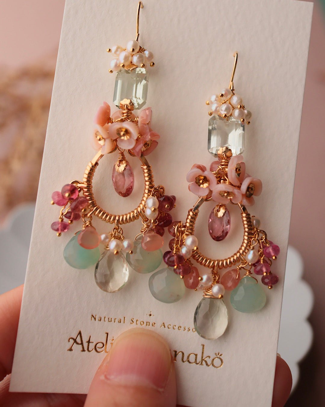 Pink tourmaline and green stone chandelier earrings