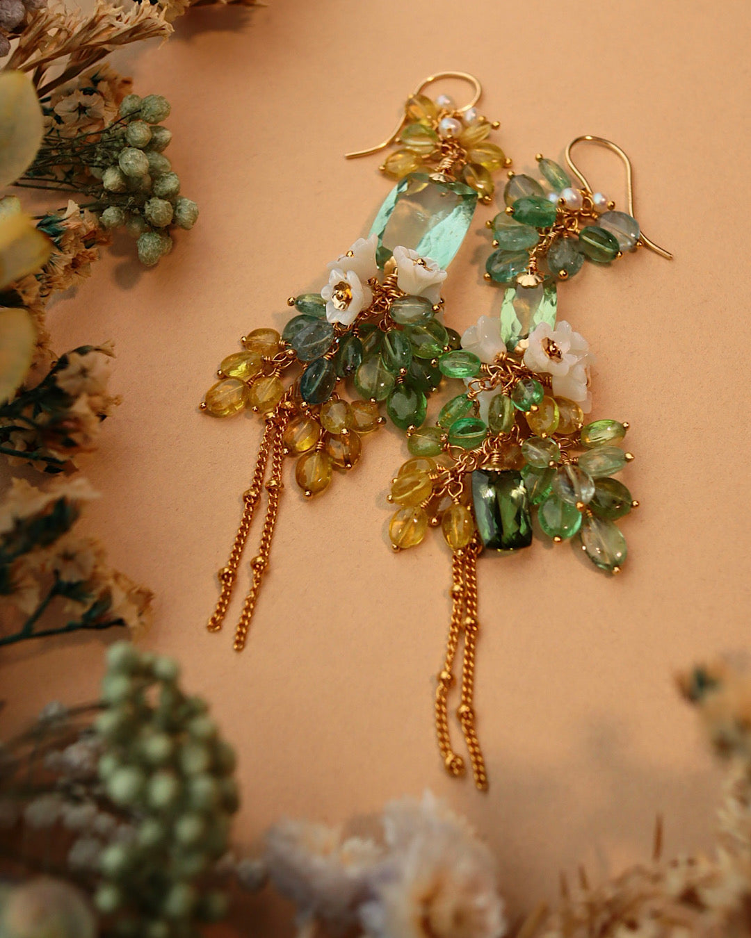 Green Tourmaline Asymmetrical Chandelier Earrings with Multi-Color Tourmaline and Pearl Flower