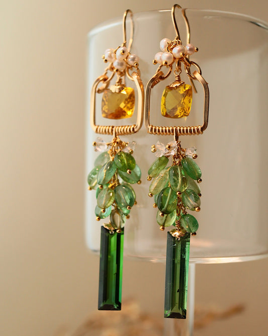 Square Yellow Tourmaline and Green Tourmaline Chandelier Earrings with Pearl