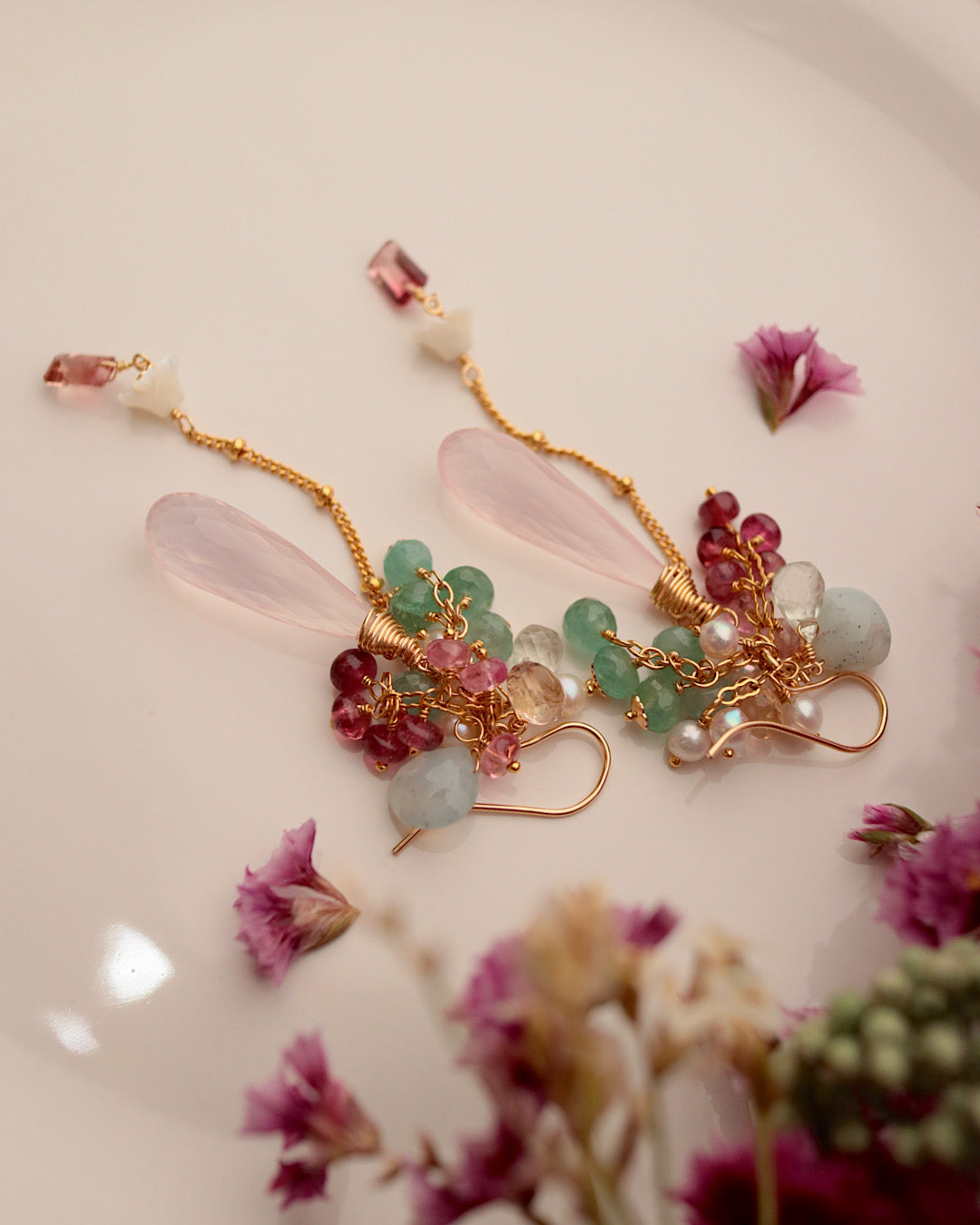 [One-of-a-kind] Pink tourmaline and rose quartz earrings