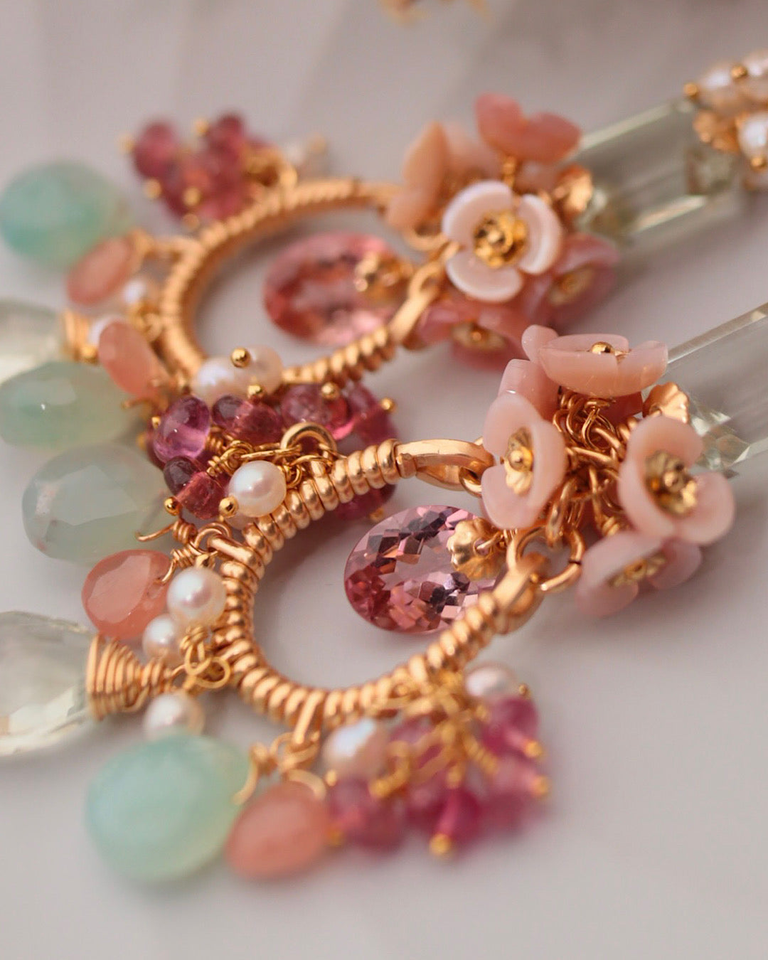 Pink tourmaline and green stone chandelier earrings