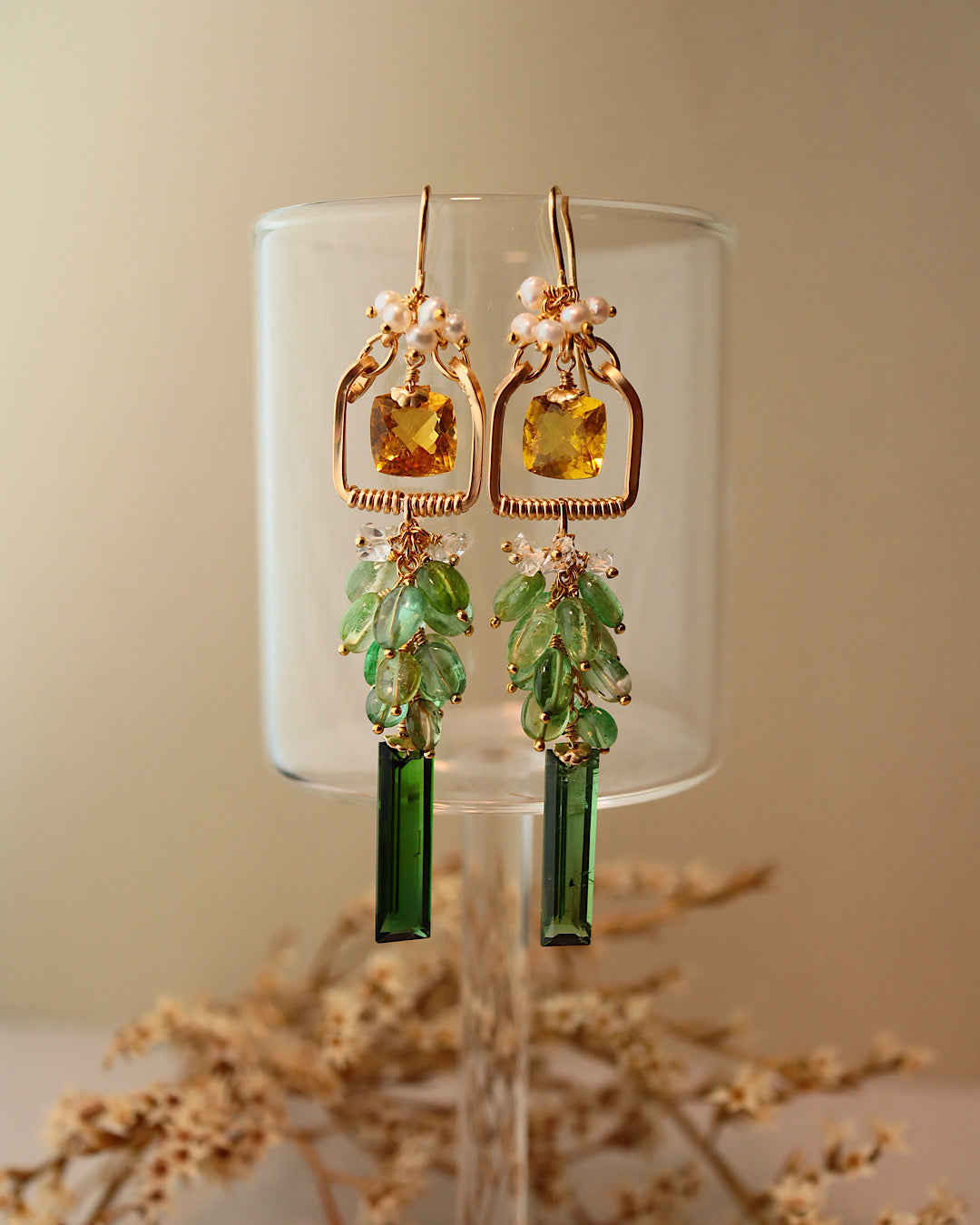 Square Yellow Tourmaline and Green Tourmaline Chandelier Earrings with Pearl