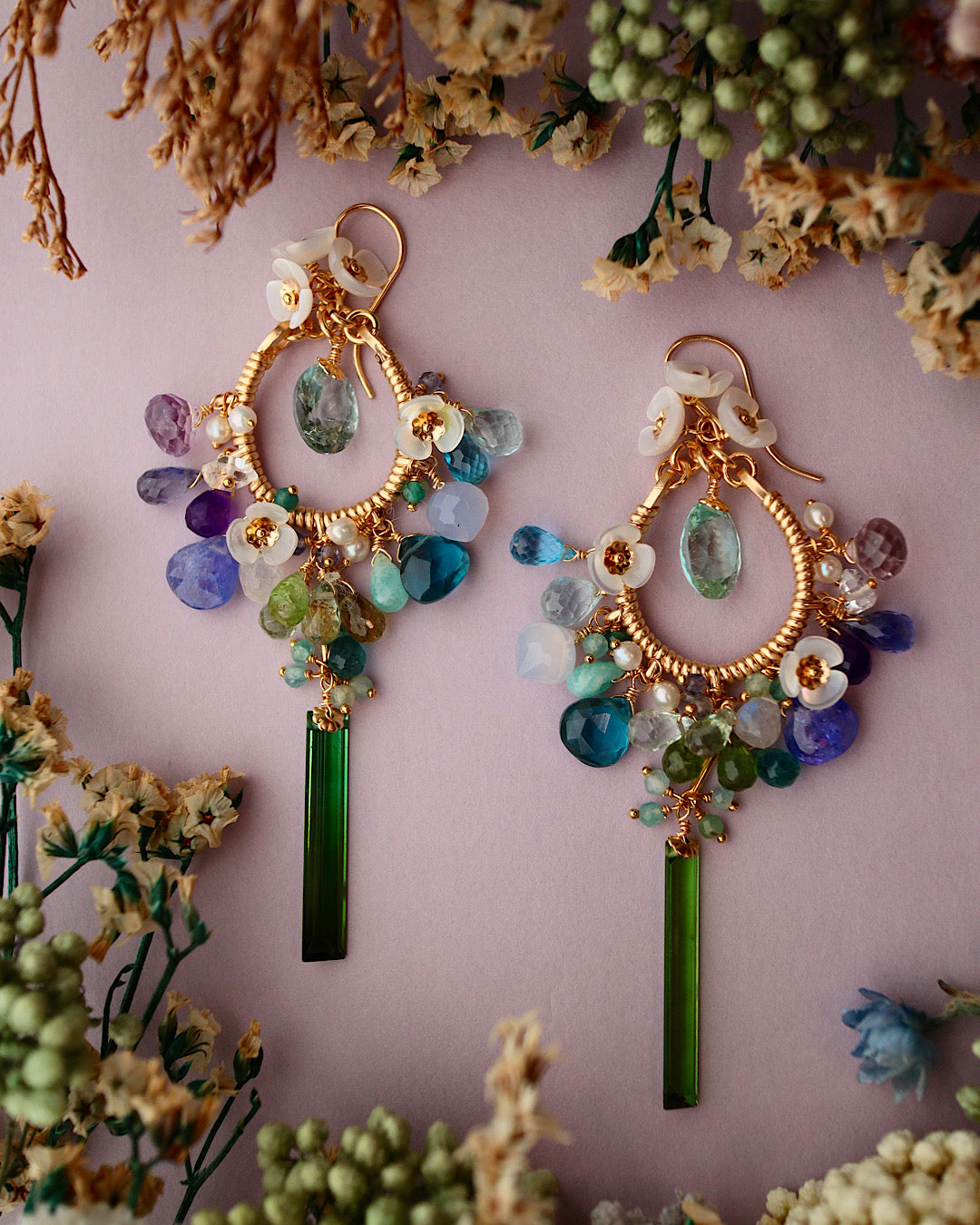 [One of a kind] Blue and green chandelier earrings