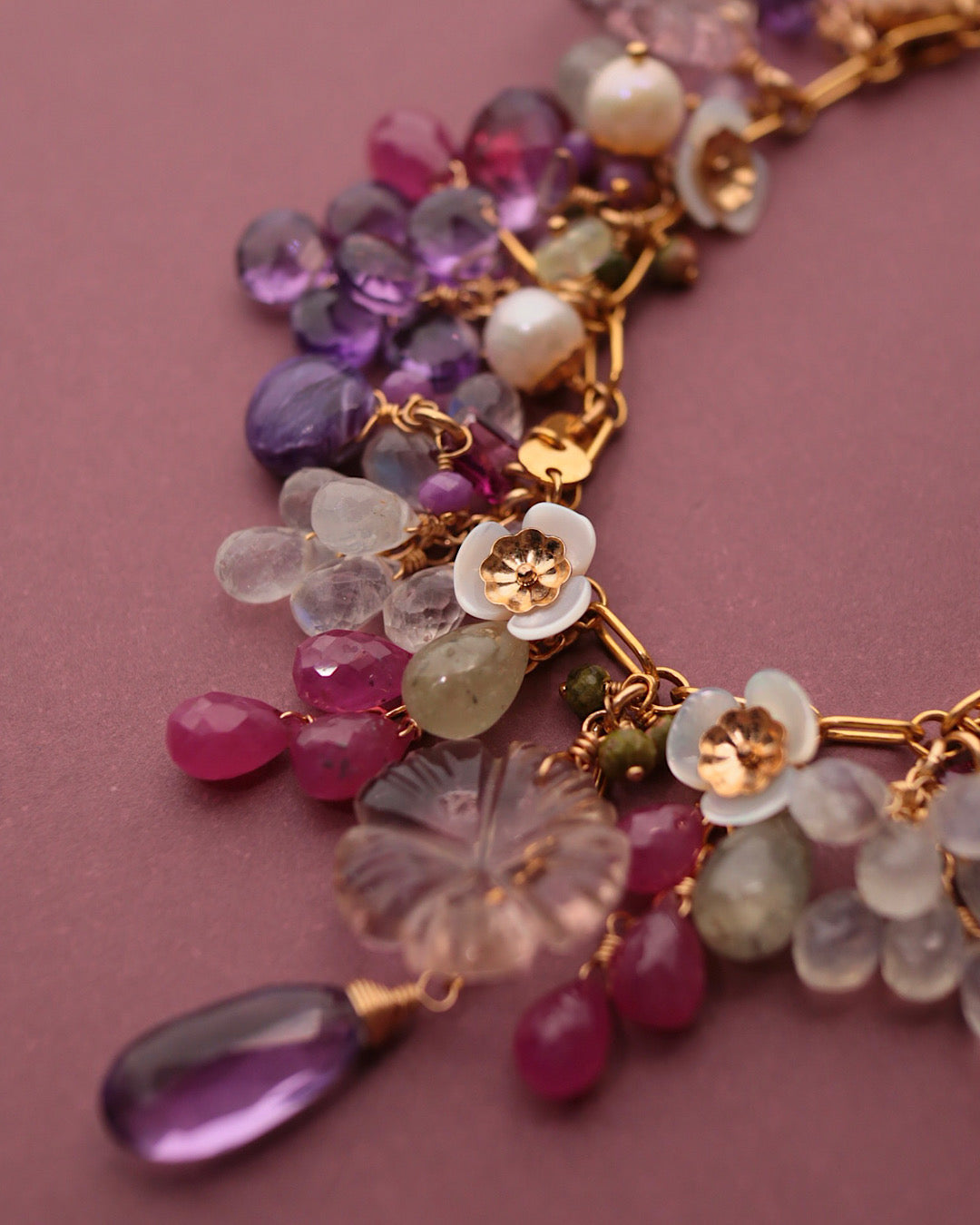 [One-of-a-kind] Pink sapphire and carved ametrine necklace