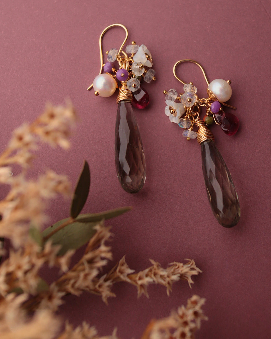 Green amethyst and garnet earrings/clip-on earrings