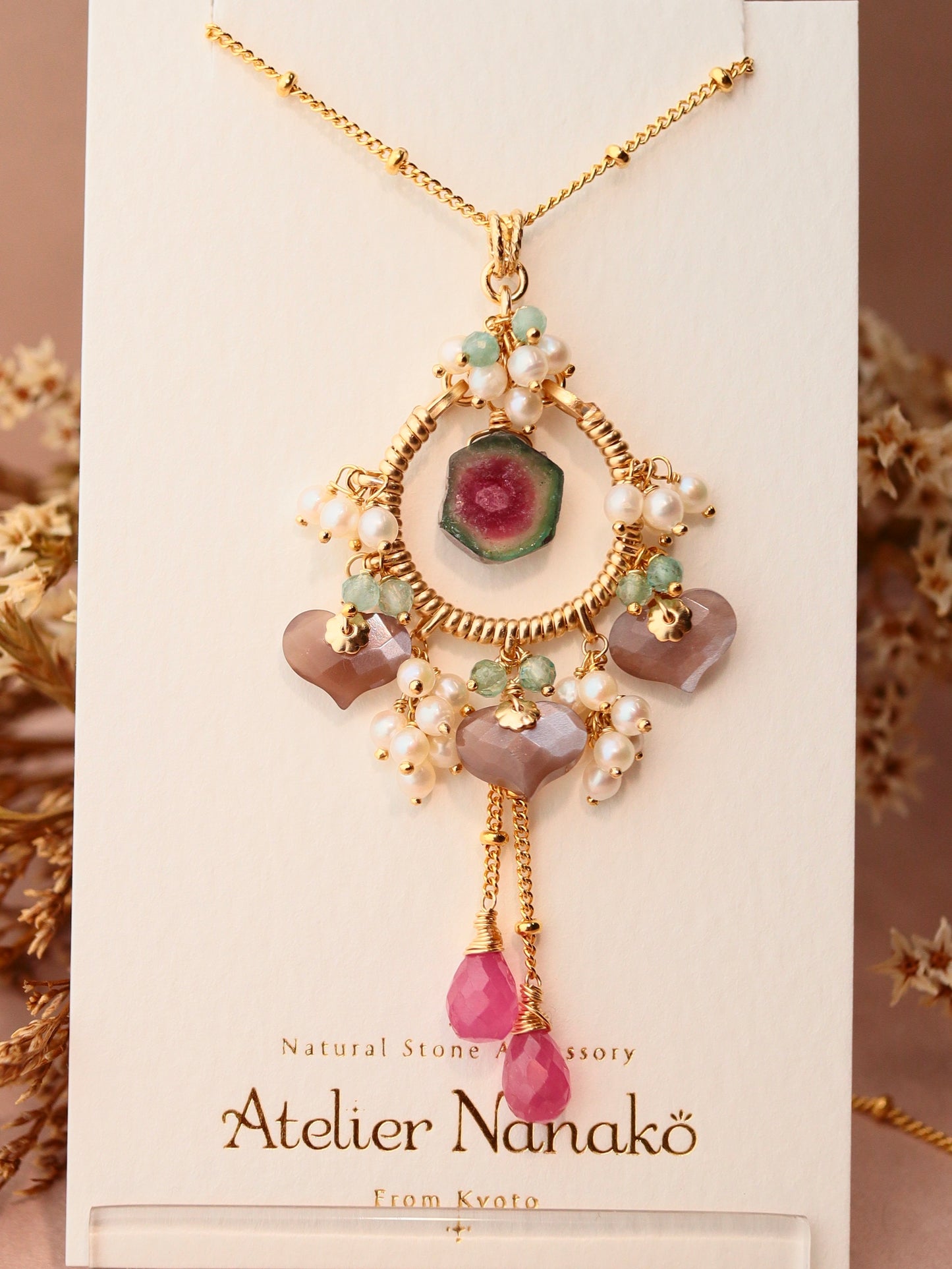 [One of a kind] Watermelon tourmaline and chocolate moonstone necklace