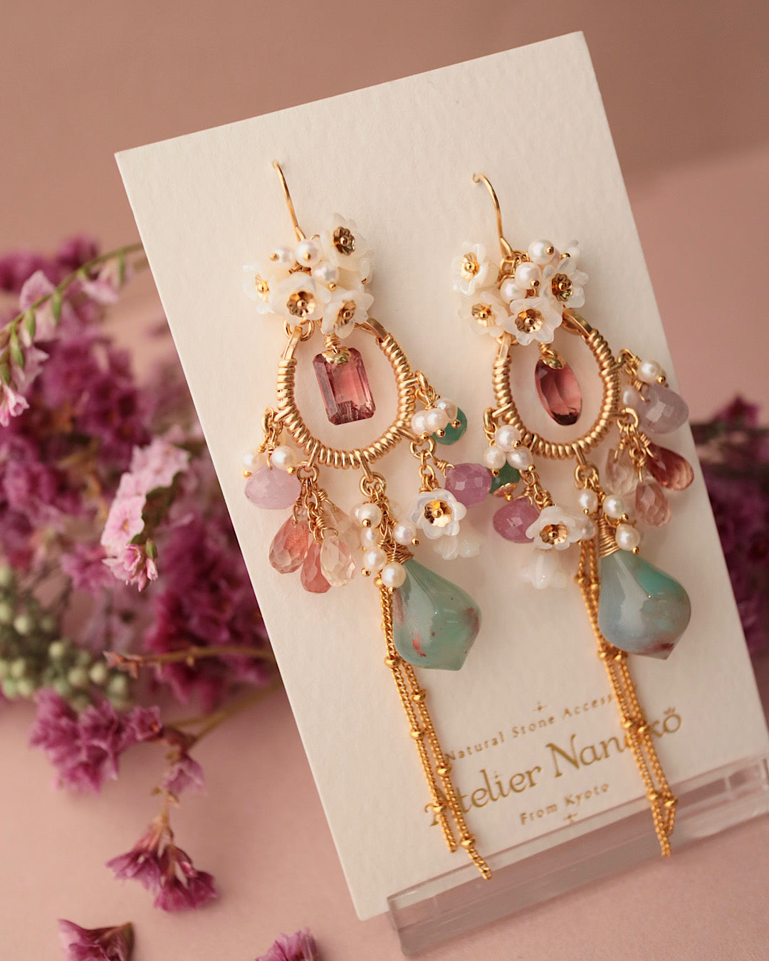 [One-of-a-kind] Tourmaline and Aquaprase Chandelier Earrings