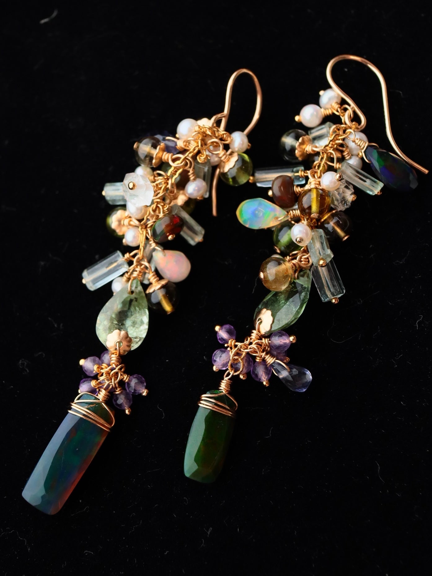 “Autumn Arrives in the Night” — Black Opal & Tourmaline Earrings