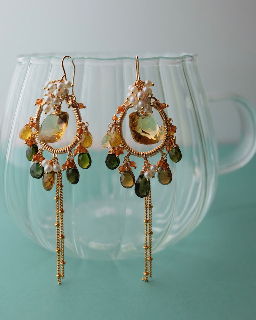 [One-of-a-kind] Lemon Quartz and Tourmaline Chandelier Earrings