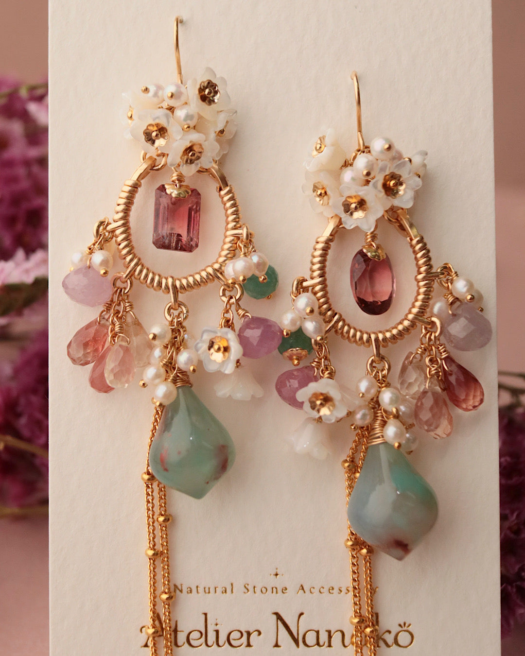[One-of-a-kind] Tourmaline and Aquaprase Chandelier Earrings