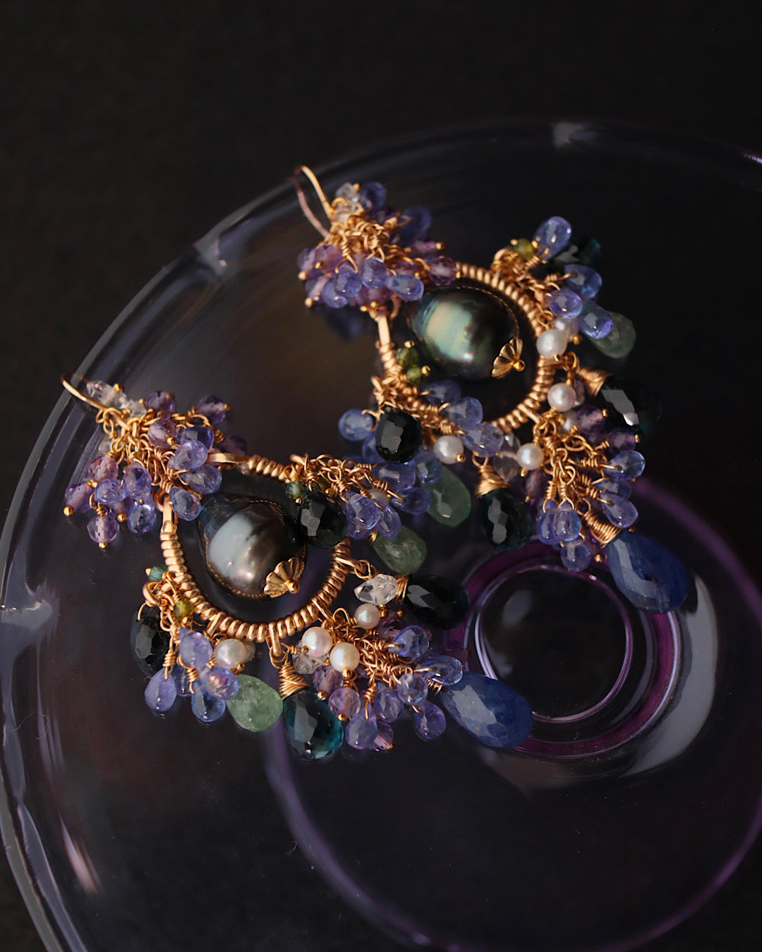 [Water Lilies] Water Lilies at Night — Chandelier Earrings [One-of-a-kind]