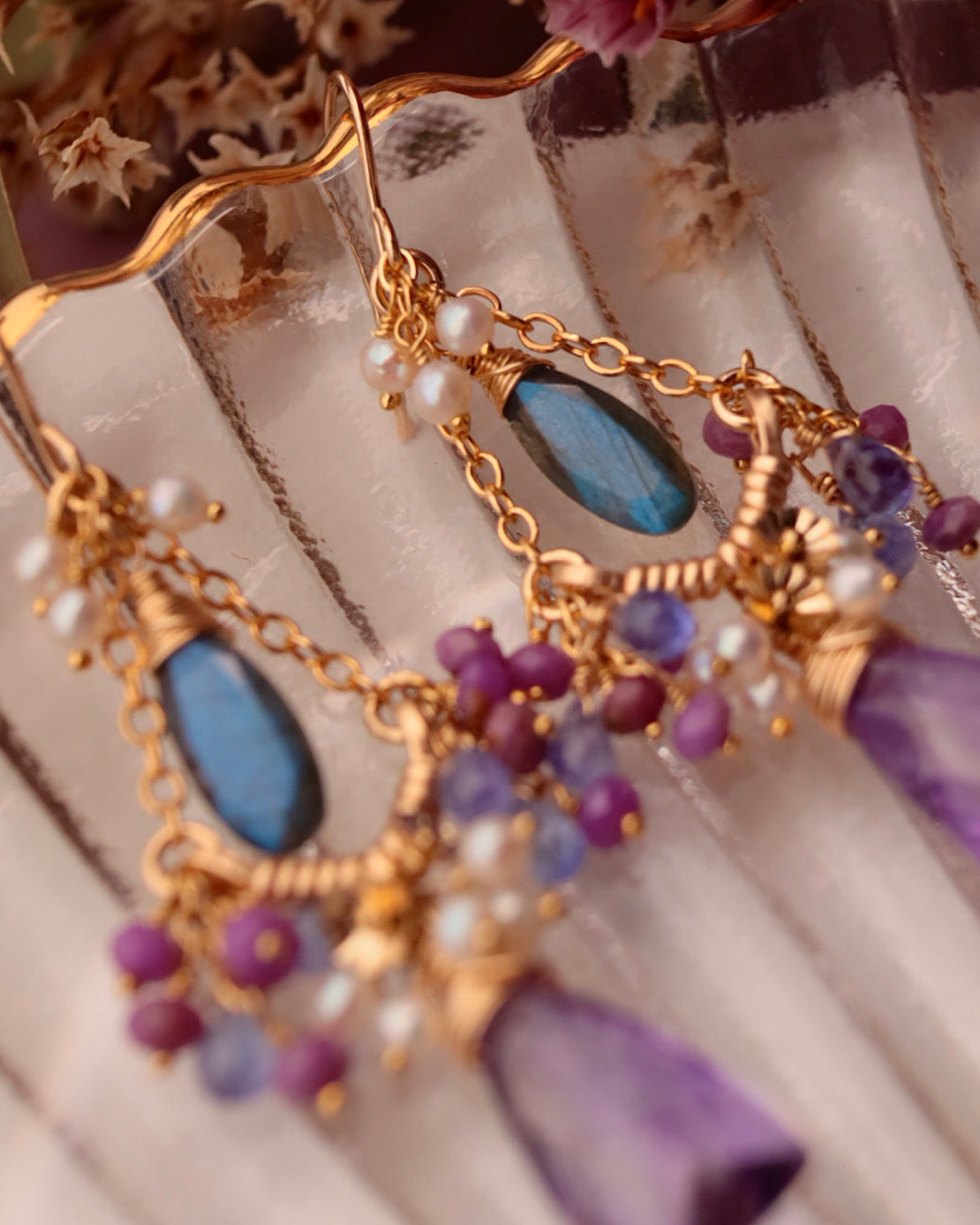 [One-of-a-kind] Moss Amethyst Triangle Chandelier Earrings