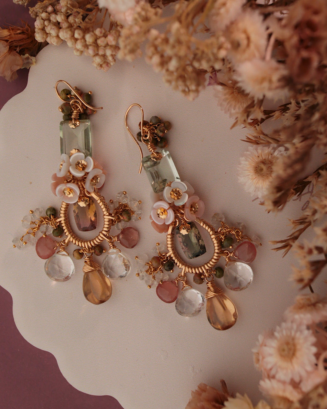 [One-of-a-kind] Bicolor Tourmaline and Champagne Quartz Chandelier Earrings