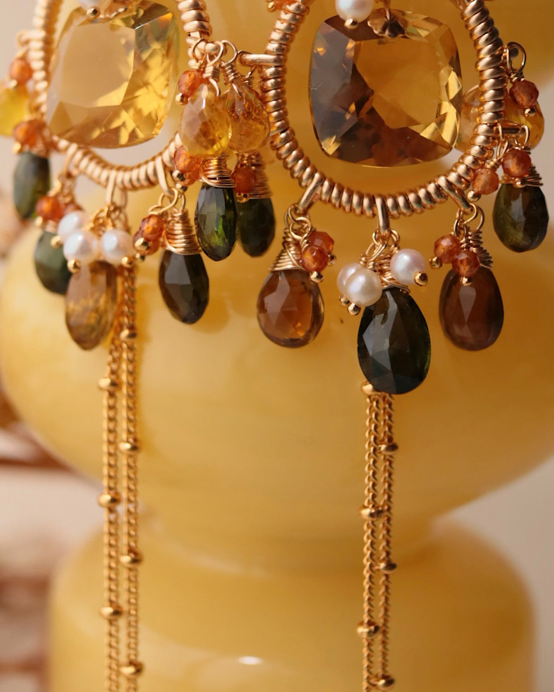 [One-of-a-kind] Lemon Quartz and Tourmaline Chandelier Earrings