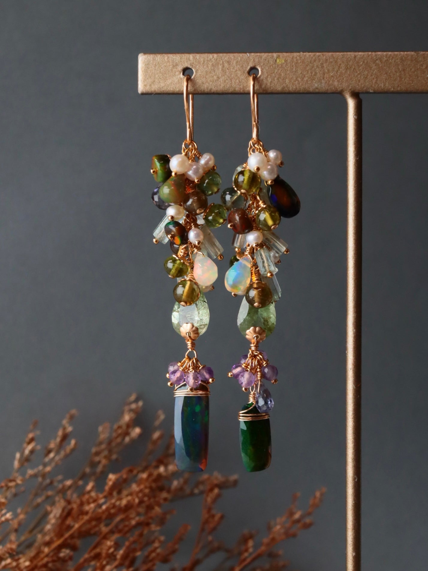 “Autumn Arrives in the Night” — Black Opal & Tourmaline Earrings