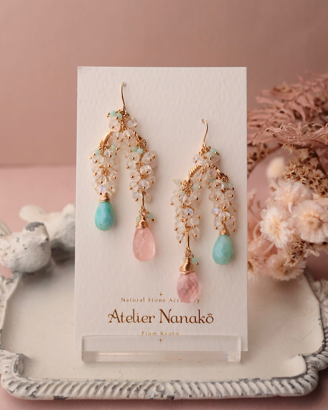 [One-of-a-kind] Morganite and Larimar Long Drop Earrings