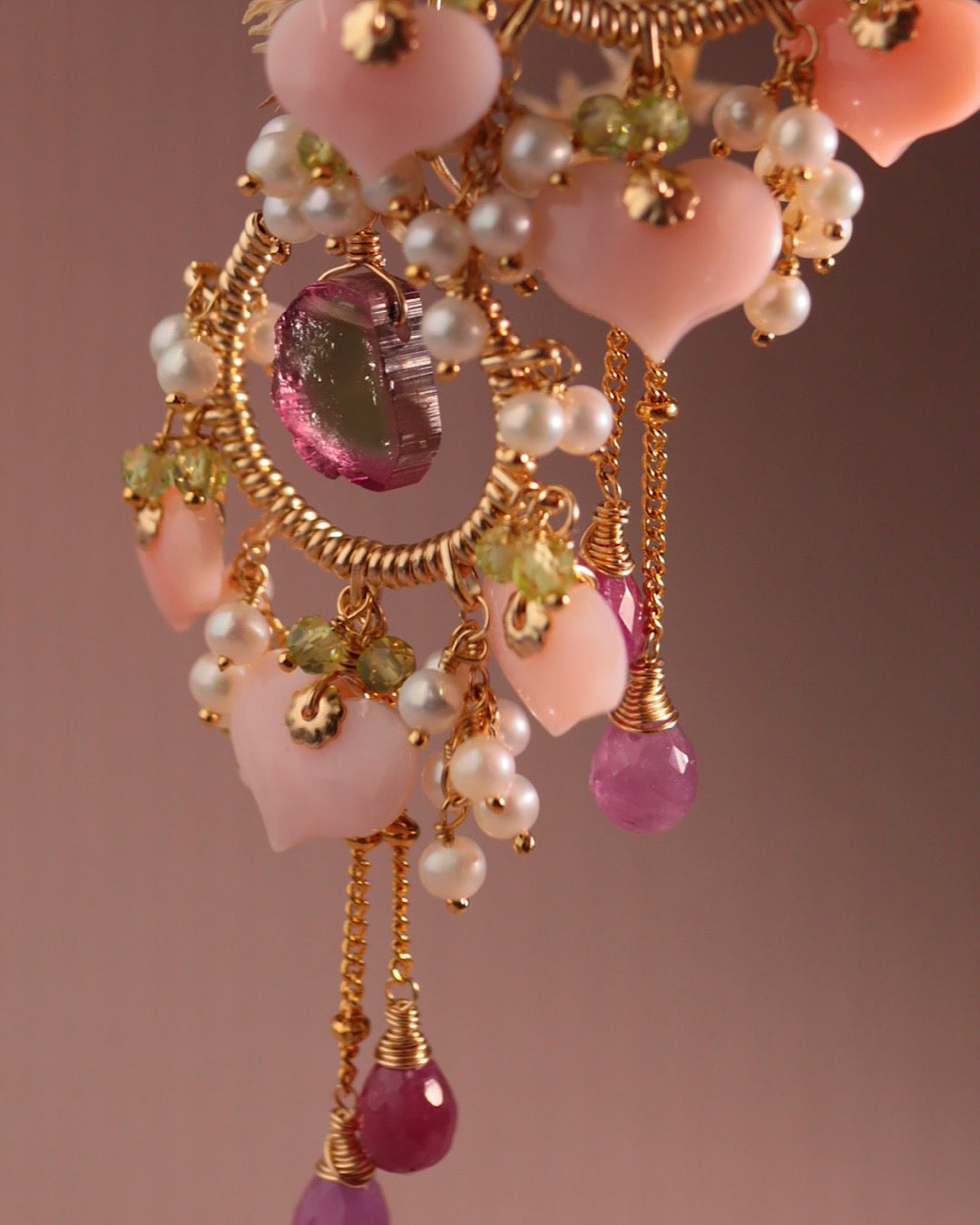 Watermelon Tourmaline and Heart-Shaped Pink Opal Earrings [One-of-a-kind]