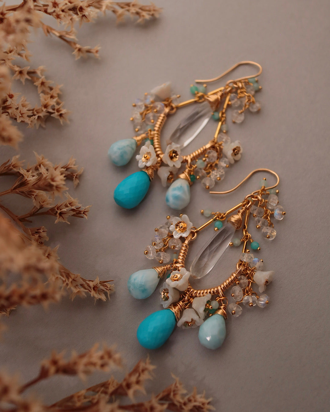 [One-of-a-kind] Turquoise and Larimar Chandelier Earrings