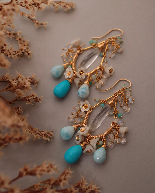 [One-of-a-kind] Turquoise and Larimar Chandelier Earrings