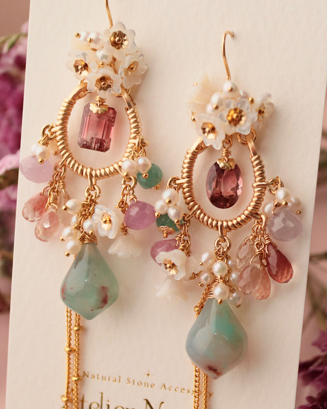 [One-of-a-kind] Tourmaline and Aquaprase Chandelier Earrings