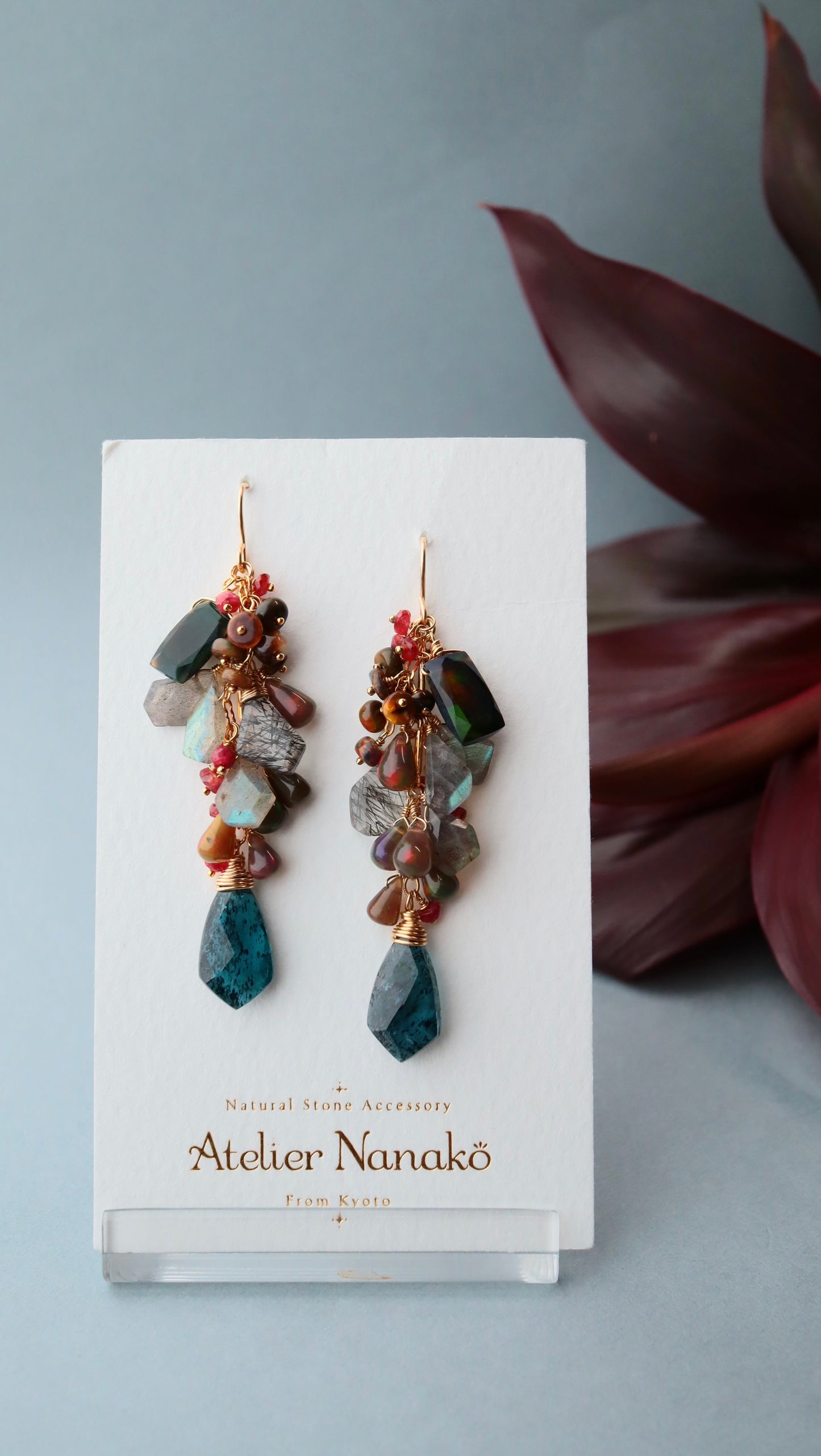 [The Lady with the Black Eyepatch] Black opal and deep blue kyanite long earrings