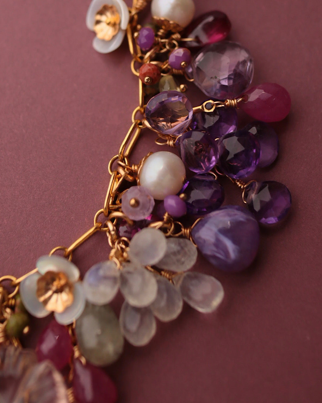 [One-of-a-kind] Pink sapphire and carved ametrine necklace