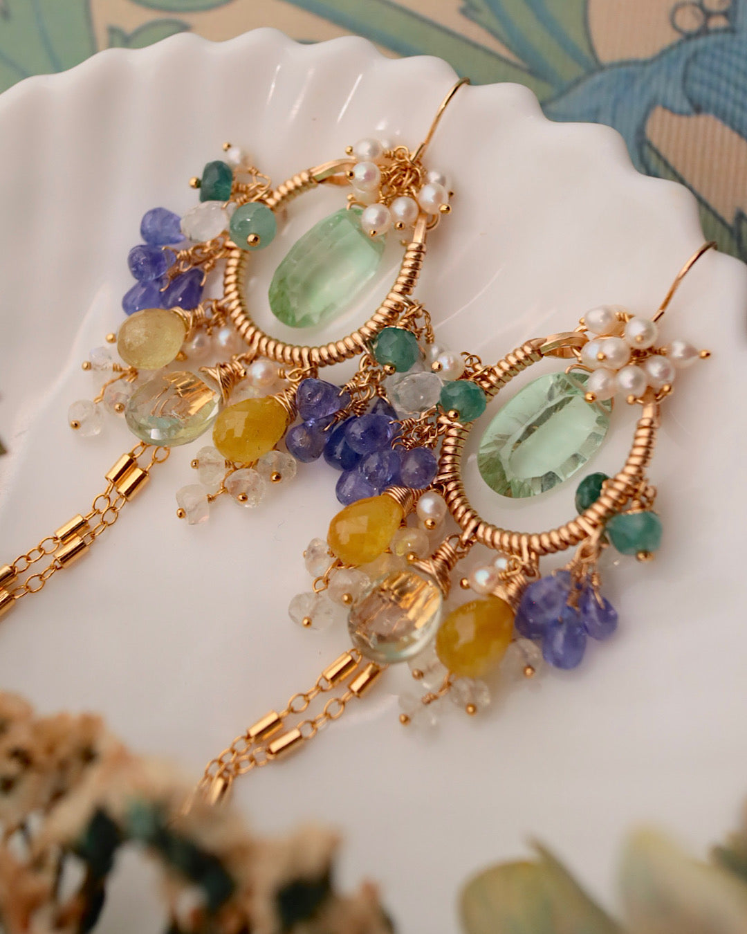 [One-of-a-kind] Fluorite Tassel Chandelier Earrings (Pierced/Clip-on)