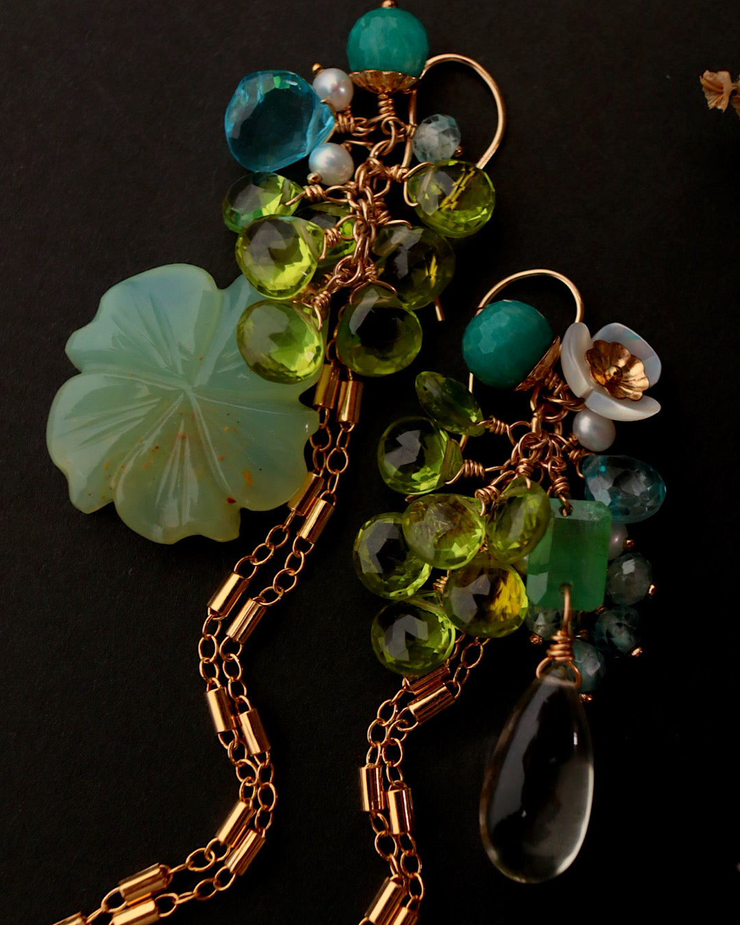 Blue Opal Flower and Peridot Asymmetric Earrings [One-of-a-kind]